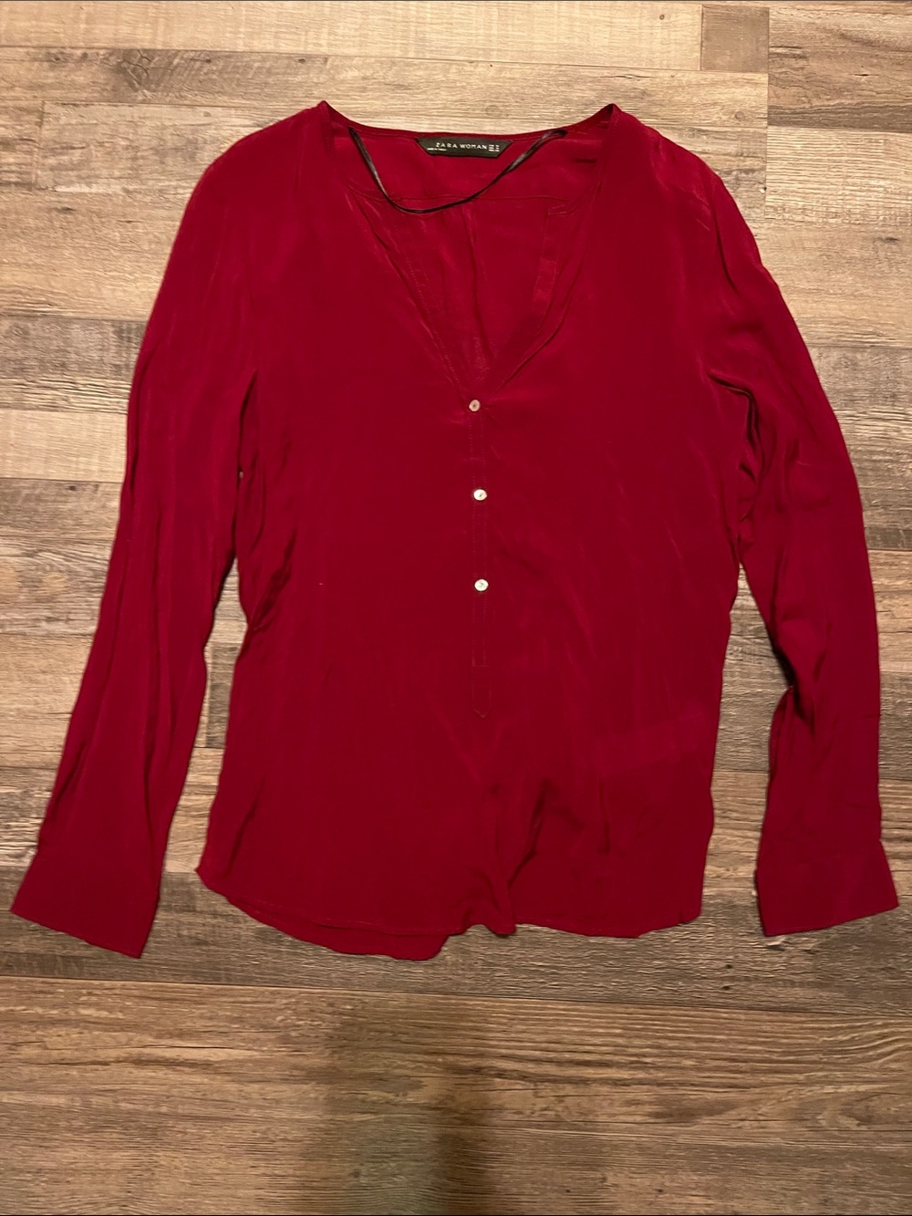 Zara Deep Red Button-Front V-Neck Blouse - Picture 3 of 5